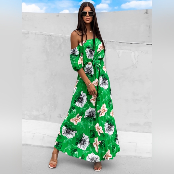 Pleated Floral Off-Shoulder Short Sleeve Midi Dress - Picture 2 of 7